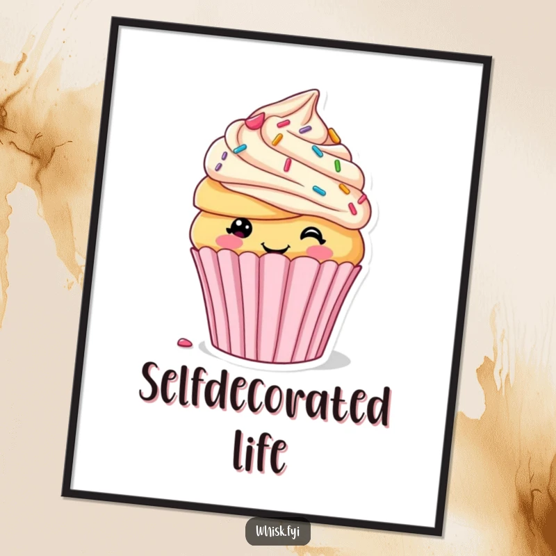 Funny digital art print of a smiling cupcake happily decorating itself with sprinkles and frosting, bringing sweet, humorous art to any room.