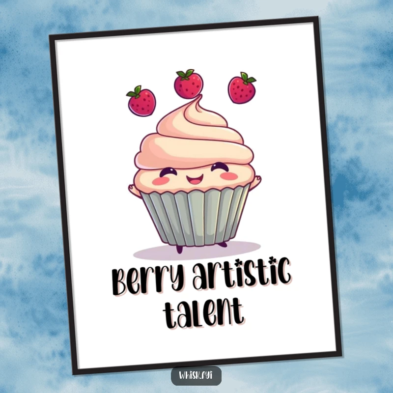 Funny digital art print of a smiling cupcake juggling three berries, offering instant downloadable humor and vibrant decoration for any space.