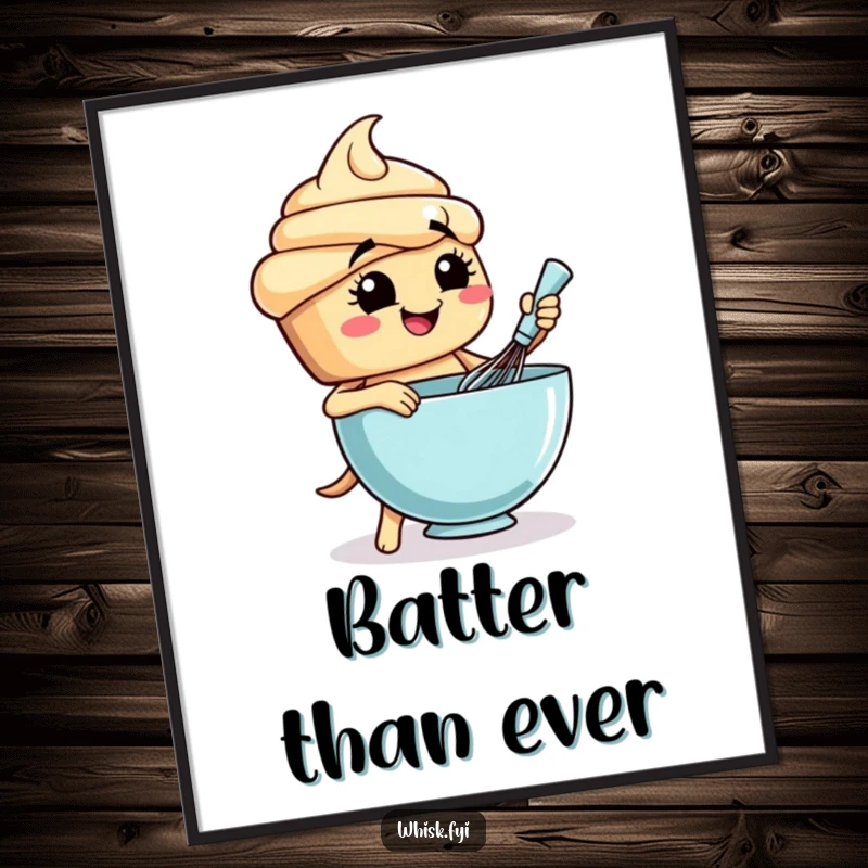 Funny cupcake digital art print of a smiling character energetically whisking a bowl of batter.