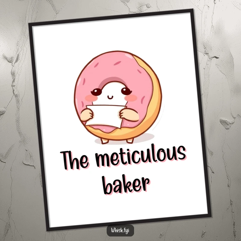 Funny, determined donut character carefully folding parchment paper, available as a downloadable digital art print for kitchens.