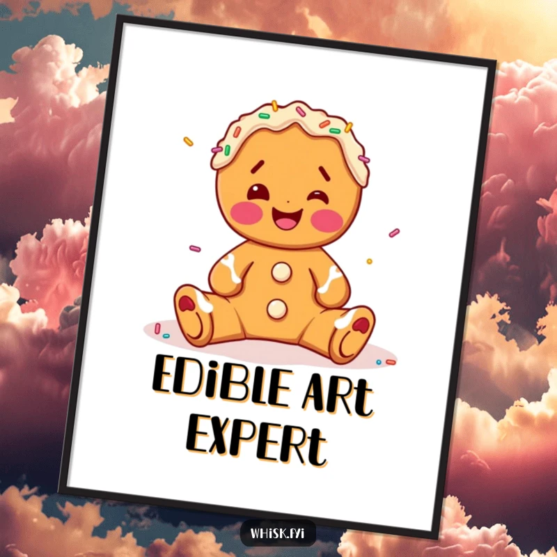 Funny gingerbread man digital art print, joyfully decorating with sprinkles, a festive and humorous downloadable illustration.