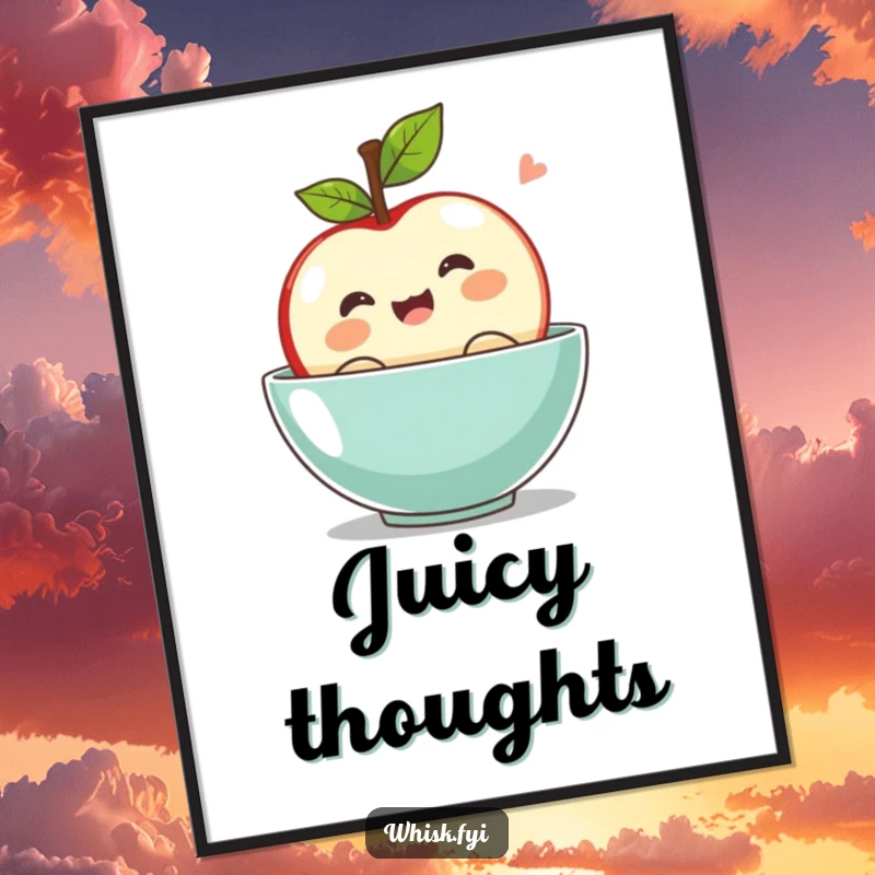 Funny kawaii apple digital art print, bobbing with excitement in a bowl, downloadable and festive.