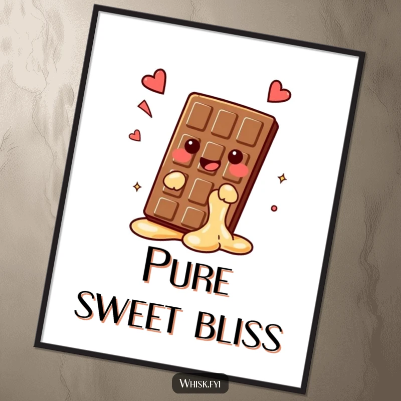 Funny kawaii chocolate bar digital art print, melting slightly with a happy sigh, instant sweet decor for walls, perfect funny gift.