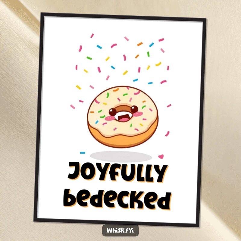 Funny Kawaii donut character joyfully scattering colorful sprinkles from above on a digital art print, looking festive.