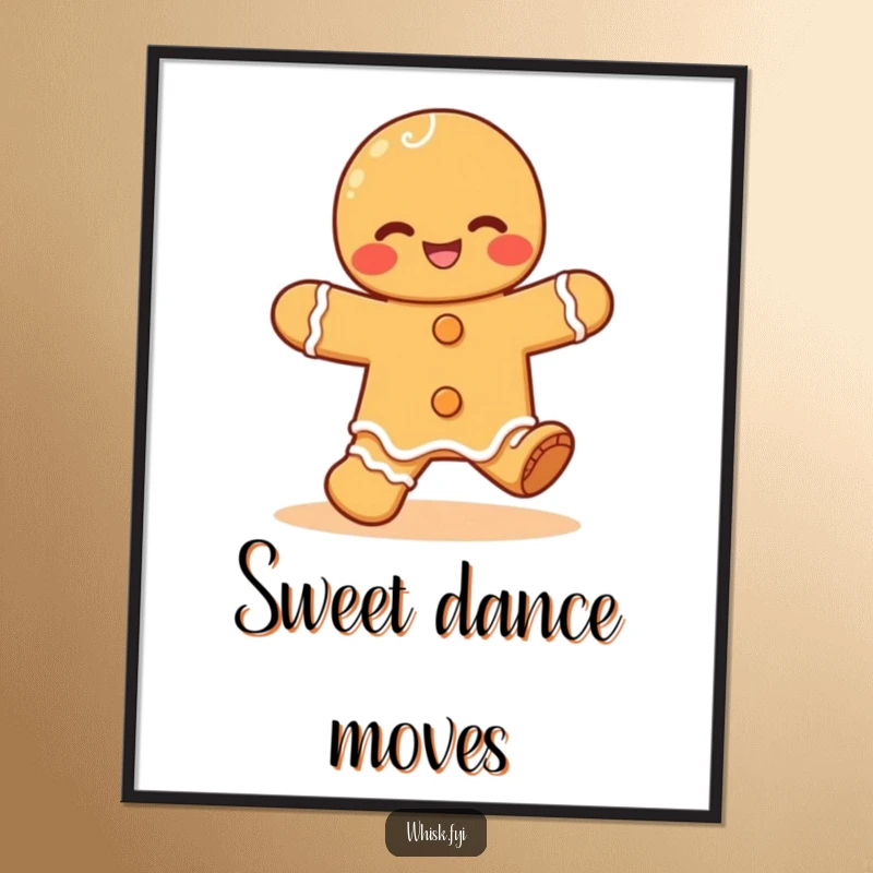 Funny Kawaii gingerbread digital art print of a giggling gingerbread man doing a happy jig, full of sweet humor.