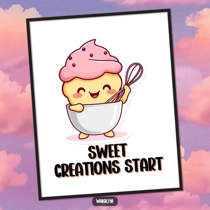 Funny Kawaii muffin character whisking a bowl, high-resolution digital art print for instant download.