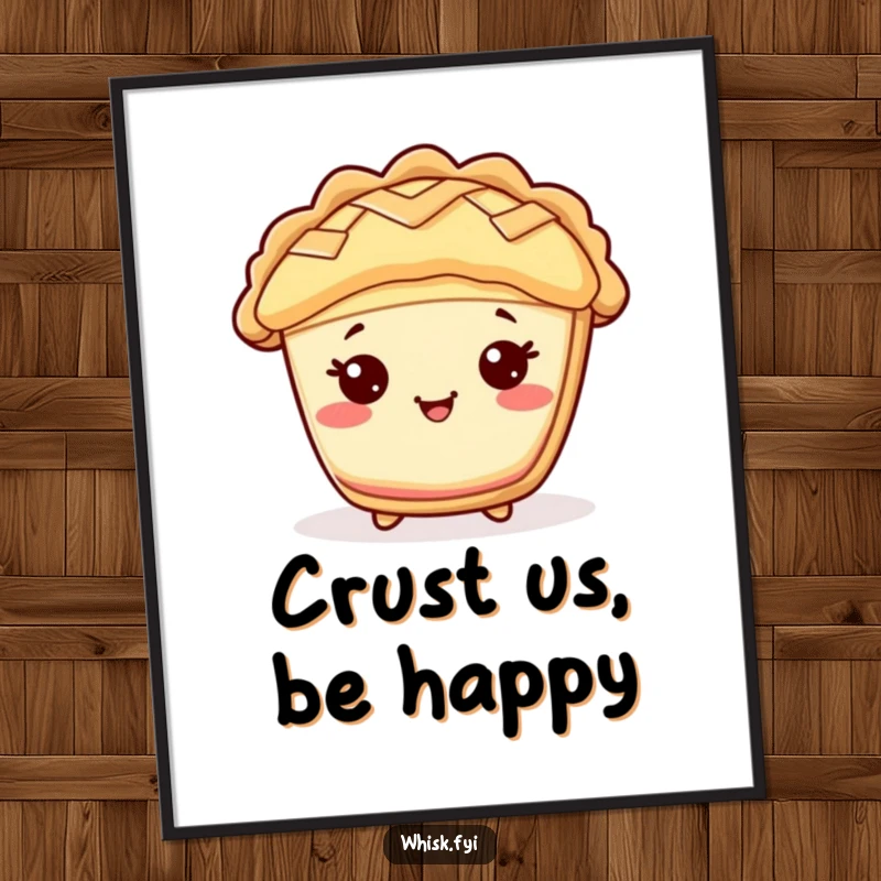 Funny Kawaii pie digital art print of a cheerful pie character with a lattice top, full of sweet humor.