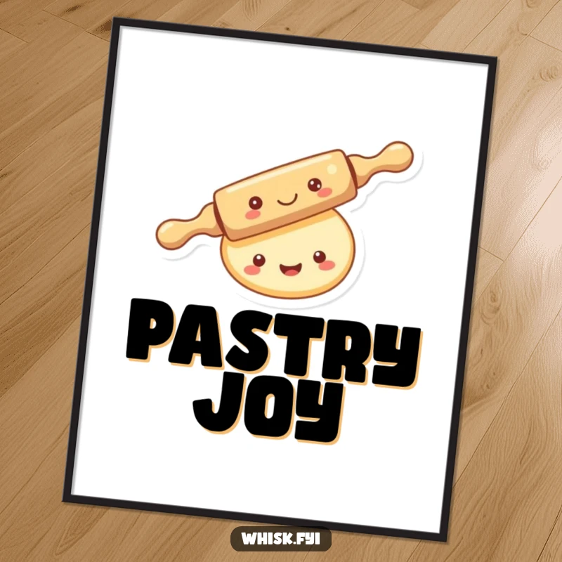 Funny kawaii rolling pin digital art print, merrily rolling over a smiling piece of dough, downloadable and cheerful.