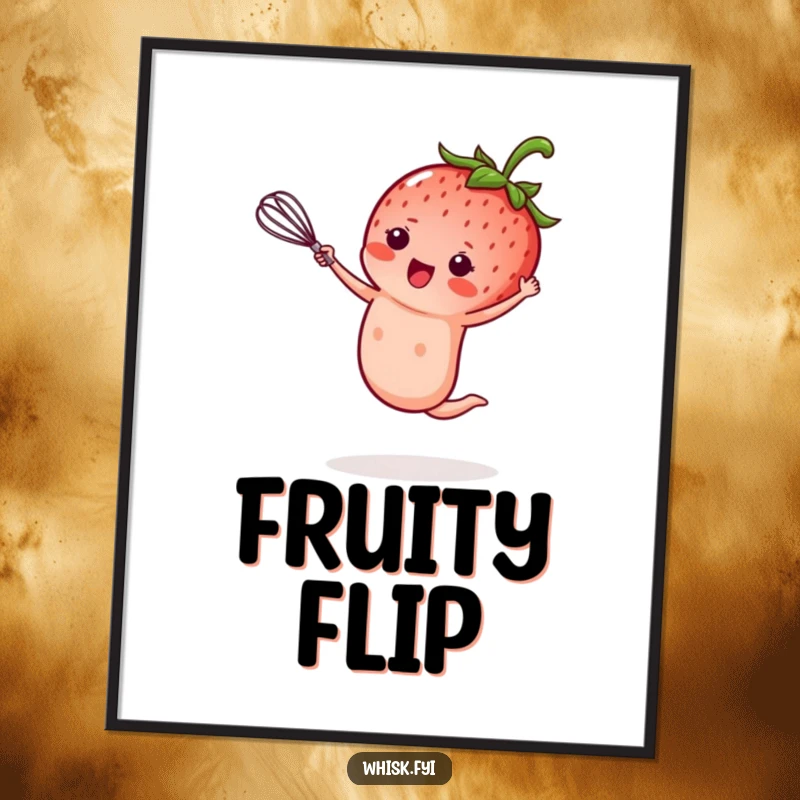Funny kawaii strawberry digital art print, performing a cartwheel while holding a tiny whisk, instant hilarious baking decor, perfect funny gift.