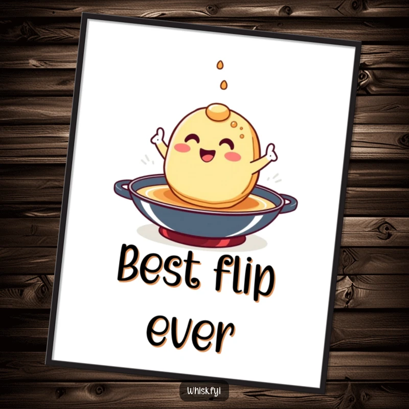 Funny pancake digital art print of a happy character skillfully flipping itself in a hot pan.