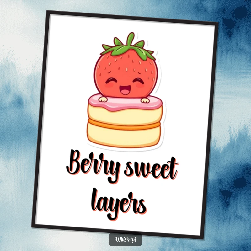 Funny digital art print of a cheerful strawberry zipping two cake layers together with excitement, ready to print.
