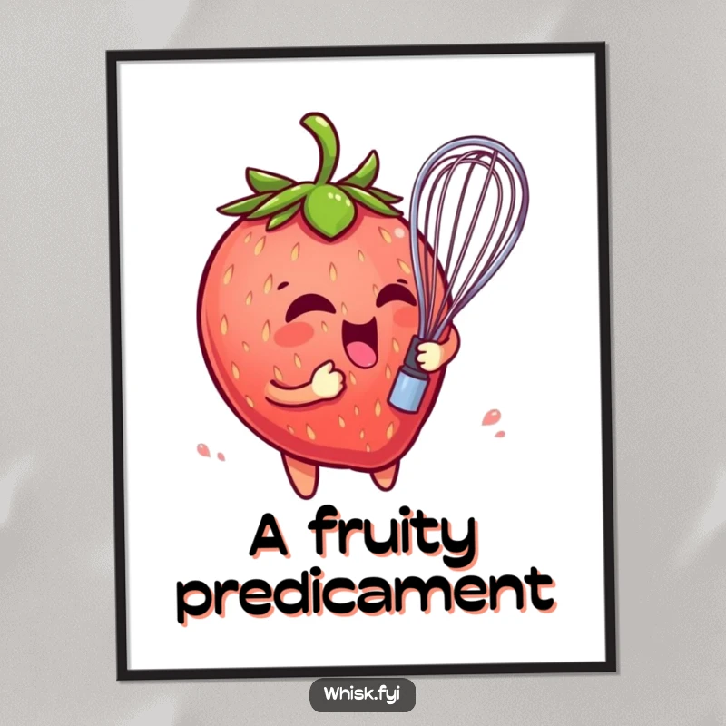 Funny digital art print of a playful strawberry character comically entangled in a whisk, perfect for adding fruity humor to decor.