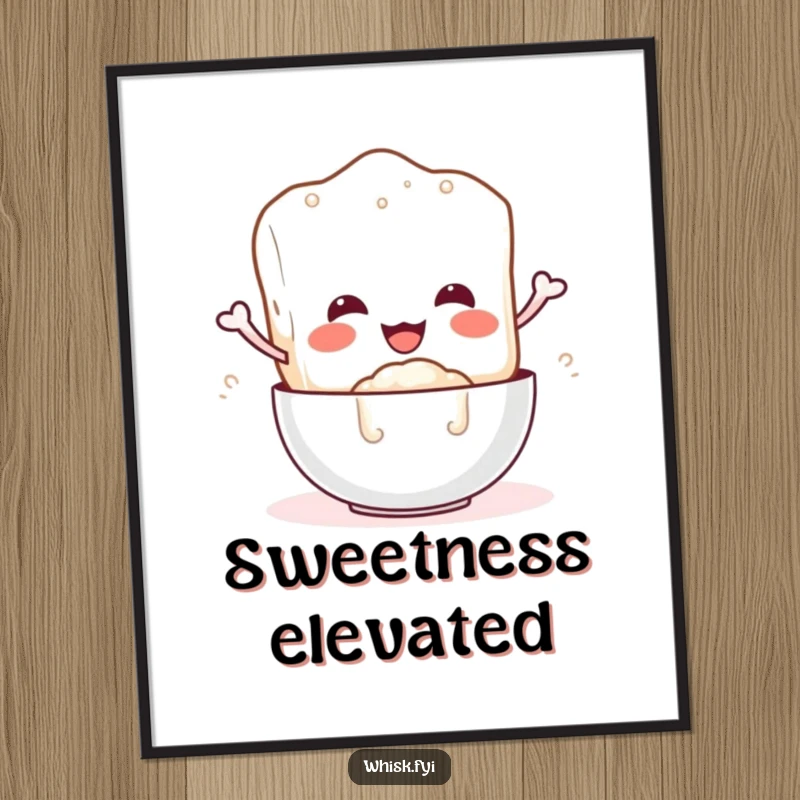 Funny digital art print of a smiling sugar cube character gleefully pouring sugar, offering instant sweet humor.