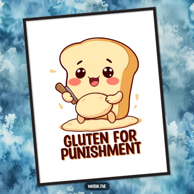 Funny Kawaii bread digital art print of an excited bread loaf character joyfully kneading dough, perfect for bakers.