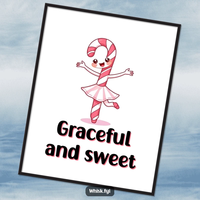 Funny Candy Cane Digital Art Print featuring a cheerful candy cane in a graceful ballet twirl, embodying festive joy and artistry.