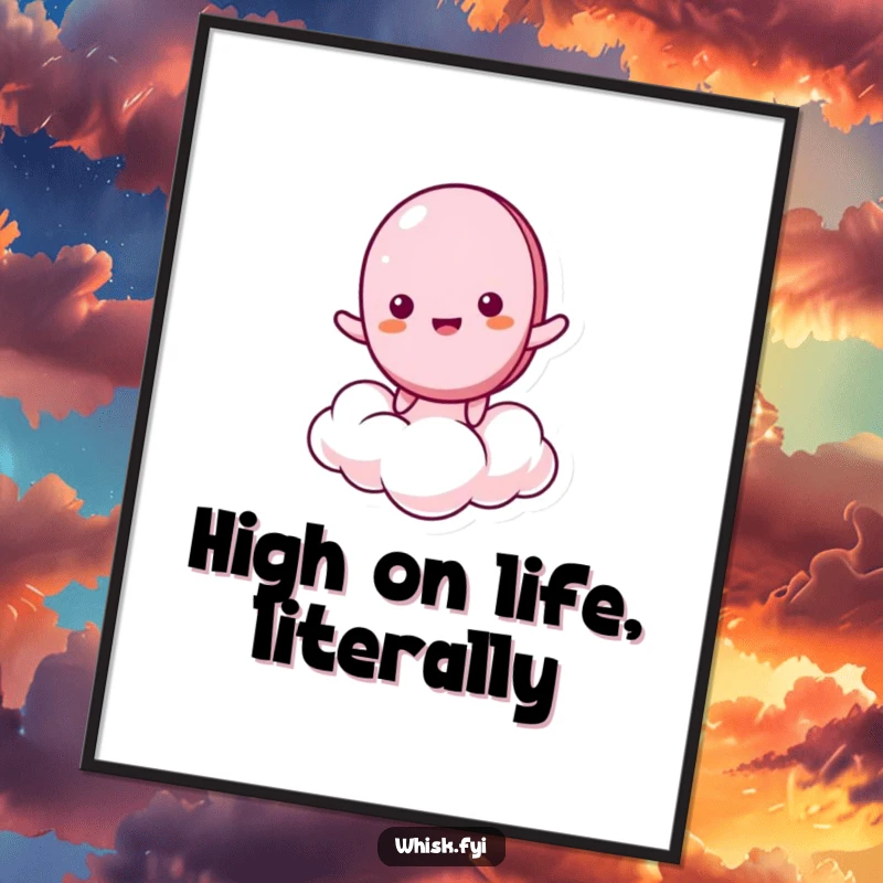 Funny digital art print of a giddy macaron character bouncing on a cloud, offering instant downloadable whimsy and humorous decor.