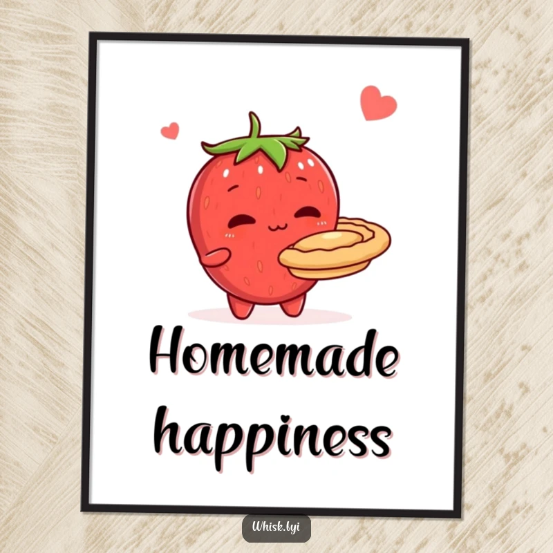 Funny digital art print of a shy, blushing strawberry character offering a delicious baked pie, bringing whimsical charm to any digital display.