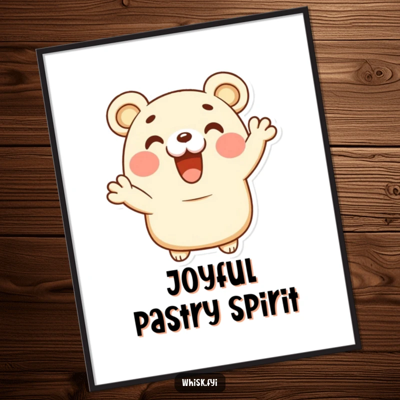 Funny happy bear claw pastry character giving a delighted cheer, presented as a vibrant digital art print.