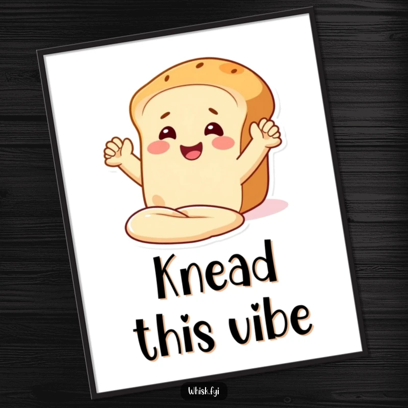 Funny digital art of a delightful bread loaf character with arms, smiling and kneading dough, for wall decor.
