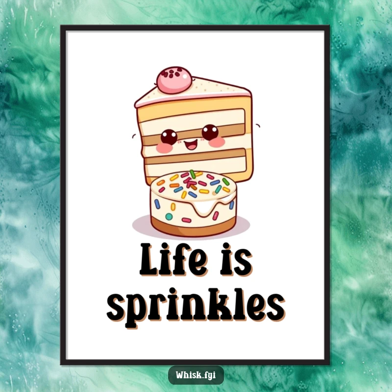 Funny digital art print of a beaming slice of cake decorating a small cake with sprinkles, for wall art.