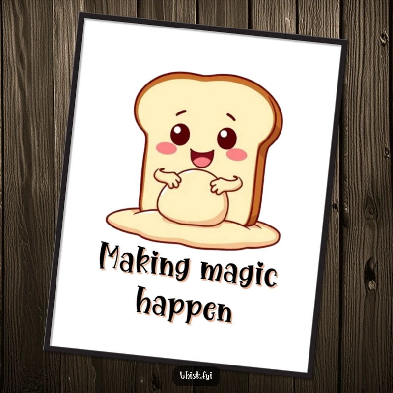 Funny kawaii bread slice enthusiastically kneading dough with a wide smile, as a downloadable digital art print. Warm and humorous kitchen decor.