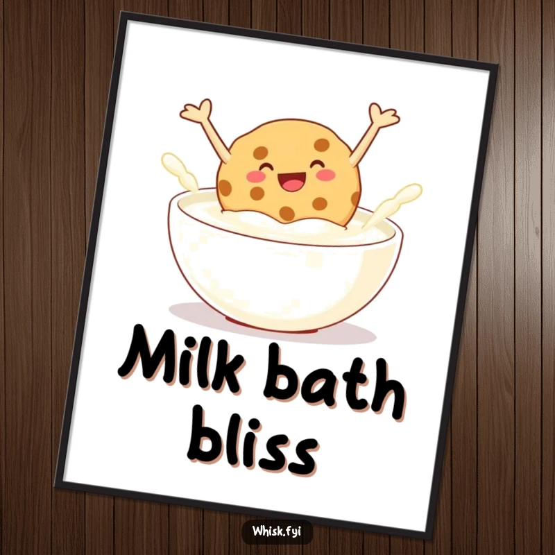 Funny digital art print of a giggling cookie joyfully jumping into a bowl of milk, capturing a moment of pure snack-time delight.