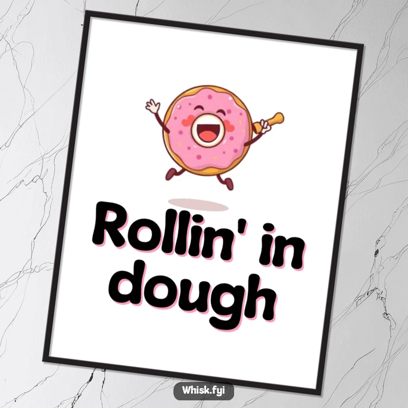 Funny digital art print of a joyful donut character jumping with a rolling pin, perfect for instant kitchen decor.