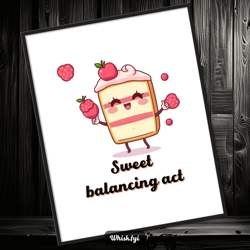 Funny Kawaii cake digital art print of a playful cake slice character juggling small berries, full of sweet humor.