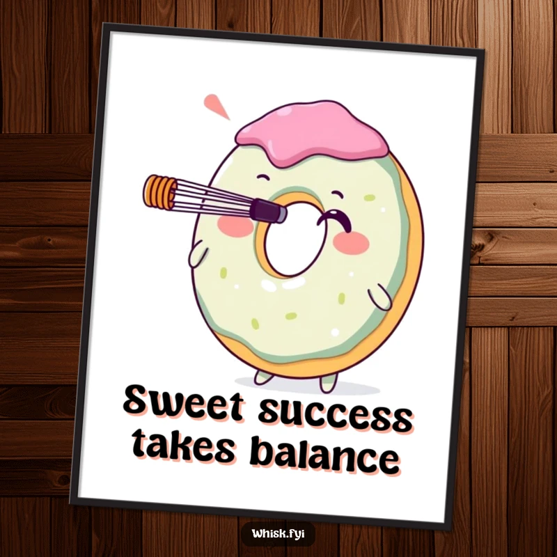 Funny donut character balancing a whisk on its nose, a high-resolution digital art print. A delightful and humorous piece for instant wall decor.