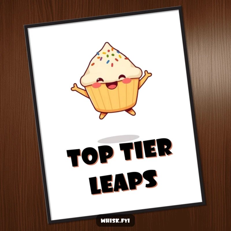 Funny Muffin Digital Art Print featuring a jubilant, jumping muffin with a sprinkle, embodying instant happiness and playful energy.