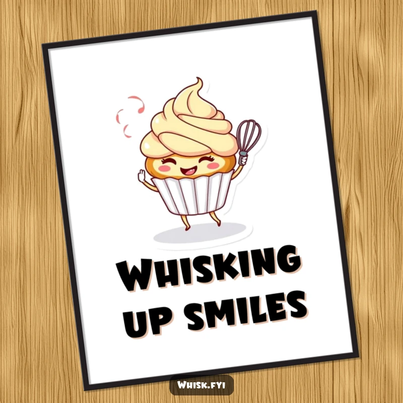 Funny digital art print of a smiling cupcake character playfully twirling a whisk, perfect for adding sweet humor to decor.