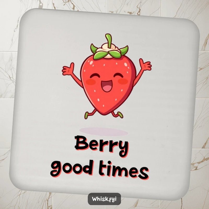 Funny Strawberry Dance Coaster: A thrilled strawberry dancing with cream, adding a humorous and sweet touch to drink protection.