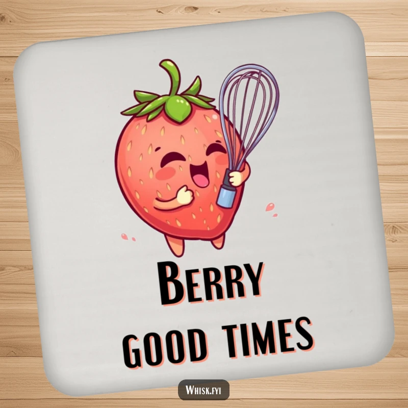 Funny drink coaster with a playful strawberry character comically entangled in a whisk, protecting surfaces with fruity humor.