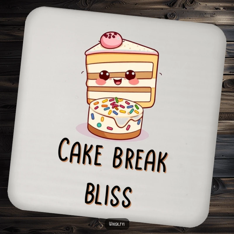 Funny drink coaster with a happy slice of cake decorating a smaller cake with sprinkles, protecting surfaces.