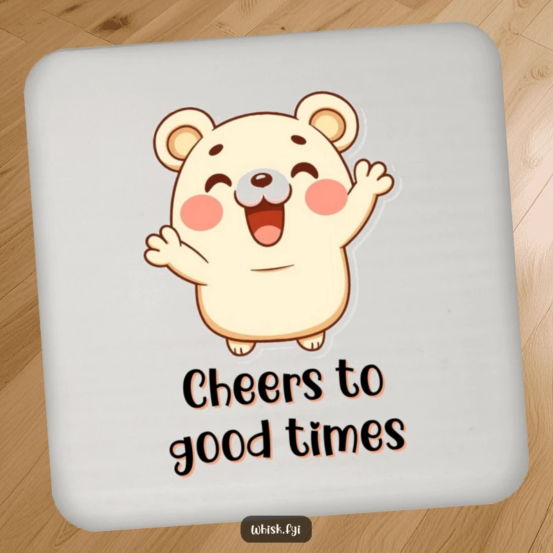 Funny happy bear claw pastry character giving a delighted cheer on a protective drink coaster, adding cheer.