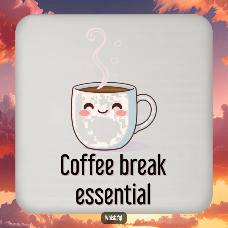 Funny kawaii drink coaster featuring a cheerful coffee mug with happy steam, protecting furniture with style.