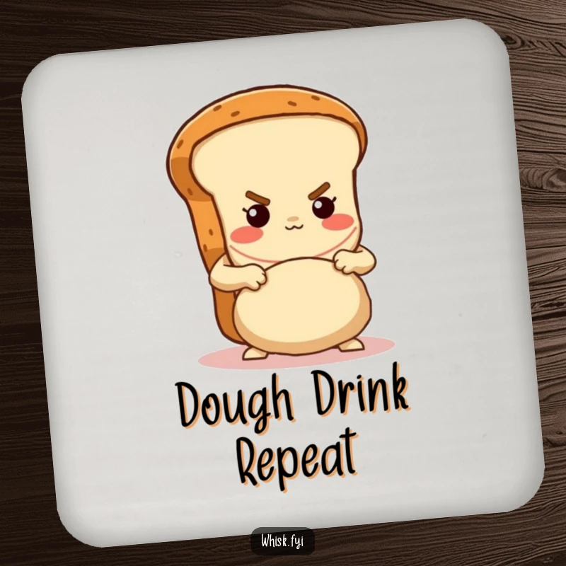 Funny determined brown bread loaf character kneading dough with gusto on a drink coaster, a set of practical baking humor accessories.