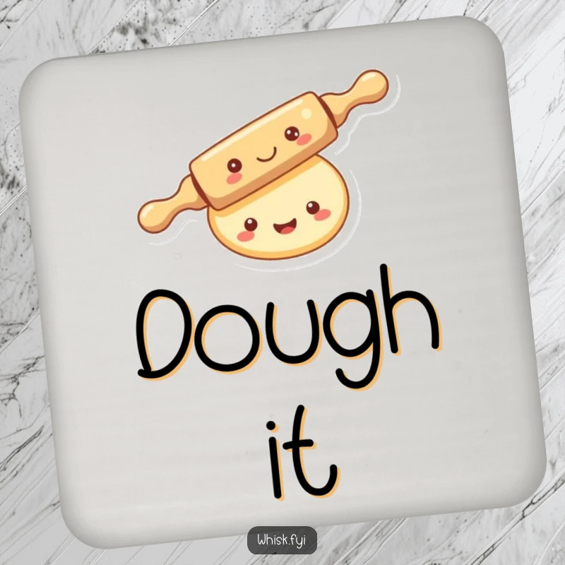 Funny kawaii rolling pin drink coaster, merrily rolling over a smiling piece of dough, decorative and protective.
