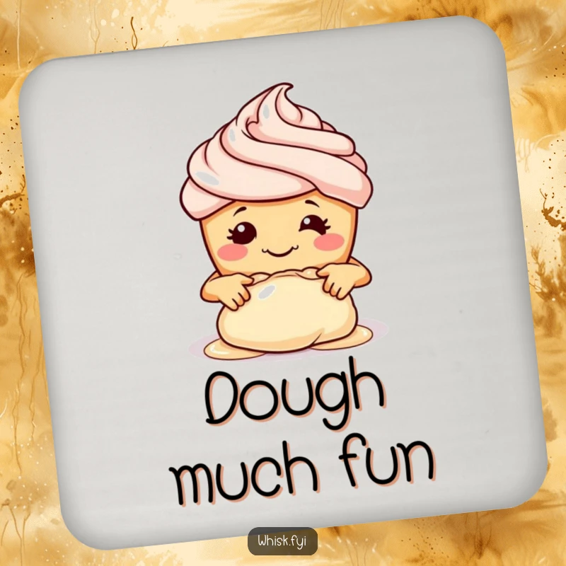 Funny drink coaster featuring a smiling cupcake with tiny hands kneading dough, protecting surfaces with charm.