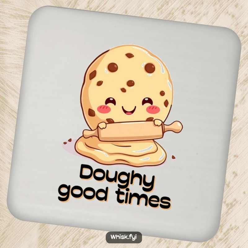 Funny drink coaster with a happy cookie character using a small rolling pin on dough, protecting surfaces.
