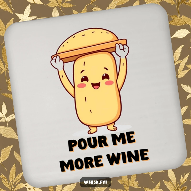 Funny baguette baker coaster featuring a proud baguette character holding a baking sheet aloft, adding kitchen flair.