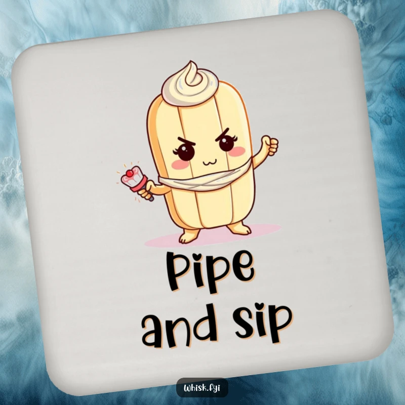 Funny baguette coaster featuring a determined baguette character bravely piping frosting, protecting surfaces with humor.