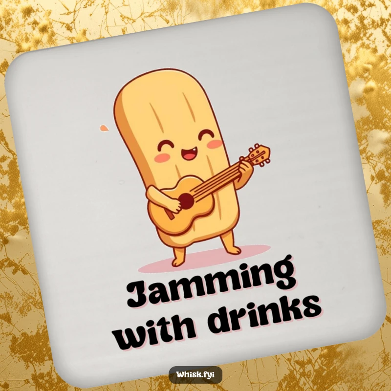 Funny baguette coaster with a delighted baguette character playing a tiny pastry guitar, protecting surfaces with whimsical musical charm.