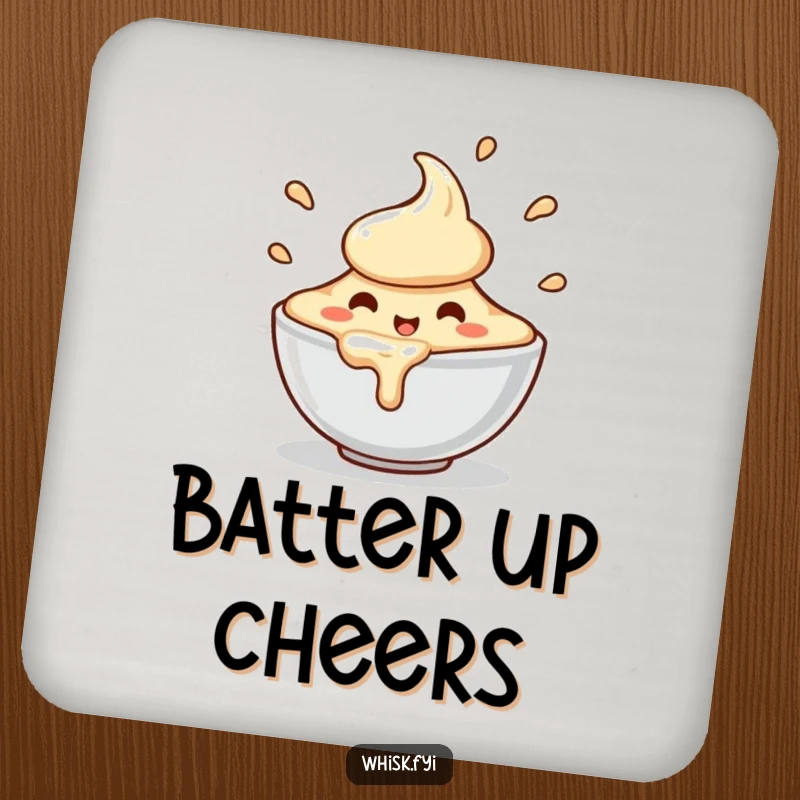 Funny drink coaster featuring a charming, happy bowl of batter character spilling slightly, protecting surfaces with enthusiastic charm.