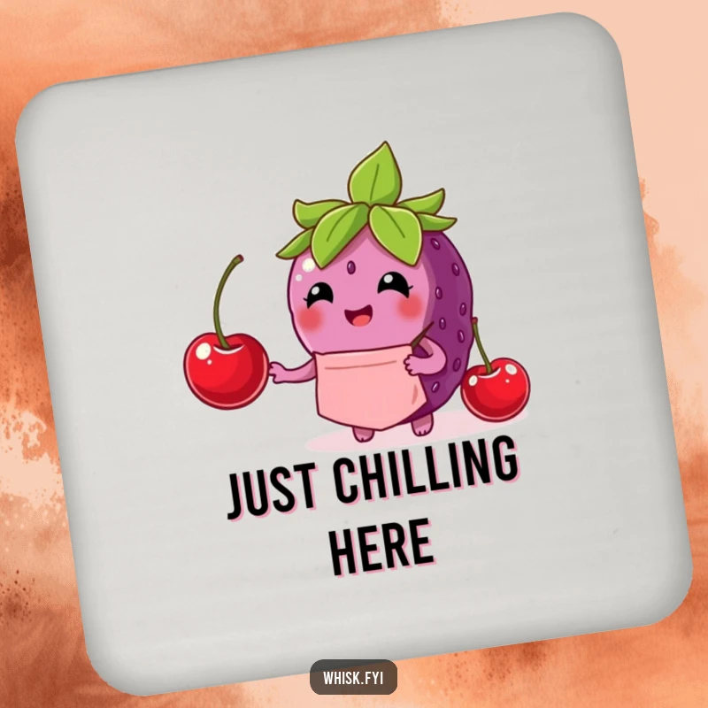 Funny berry coaster set depicting a delighted berry chef carefully placing a cherry, adding a charming touch.