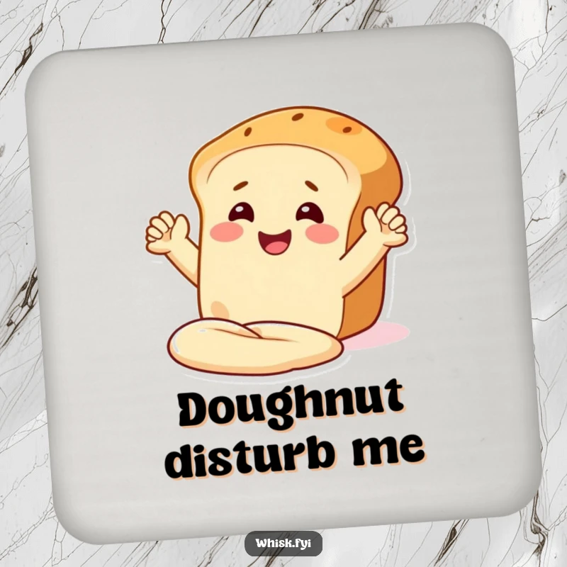 Funny drink coaster showing a smiling bread loaf character with arms, kneading dough, protecting surfaces.