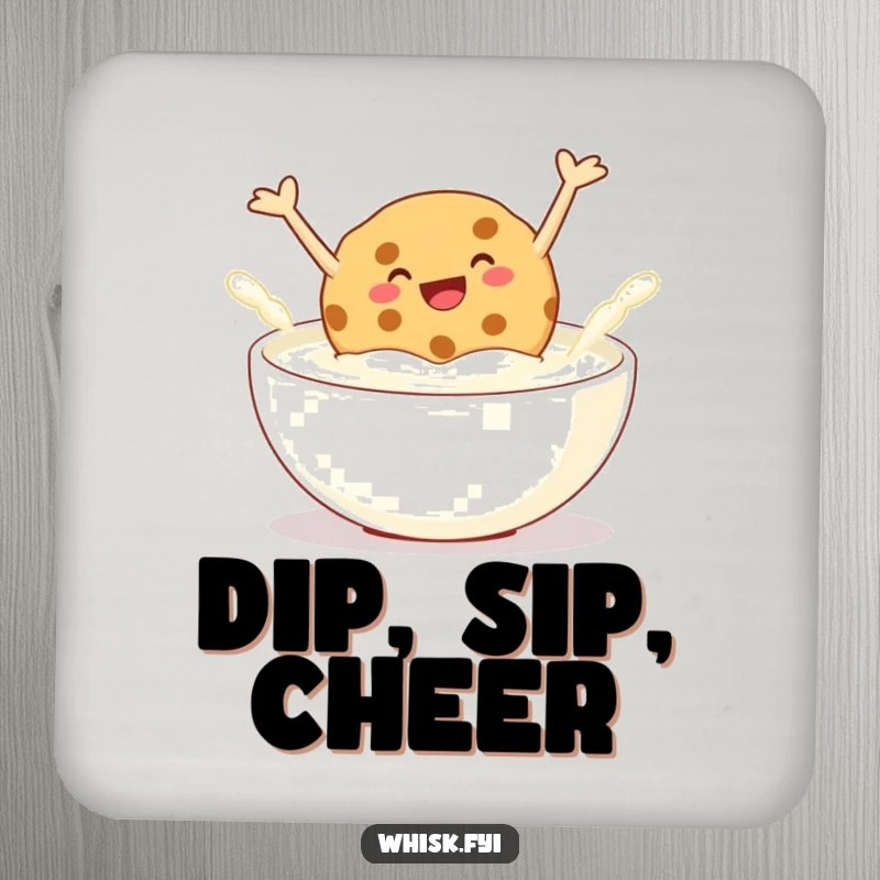 Funny drink coasters depicting a giggling cookie jumping into a bowl of milk, adding playful humor to tabletops.
