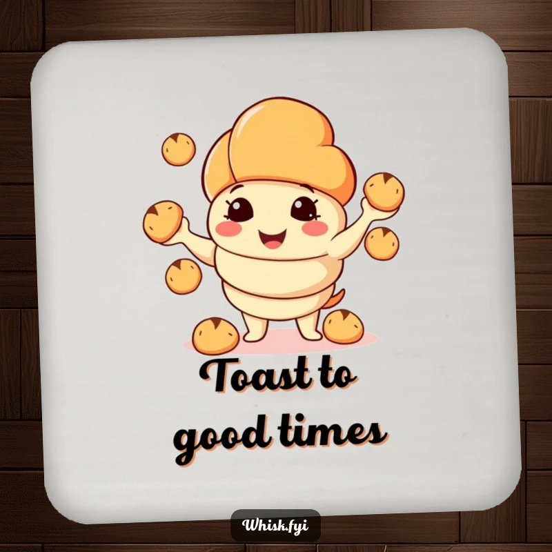 Funny drink coasters showing a smiling croissant character juggling bread rolls, adding a touch of culinary humor.