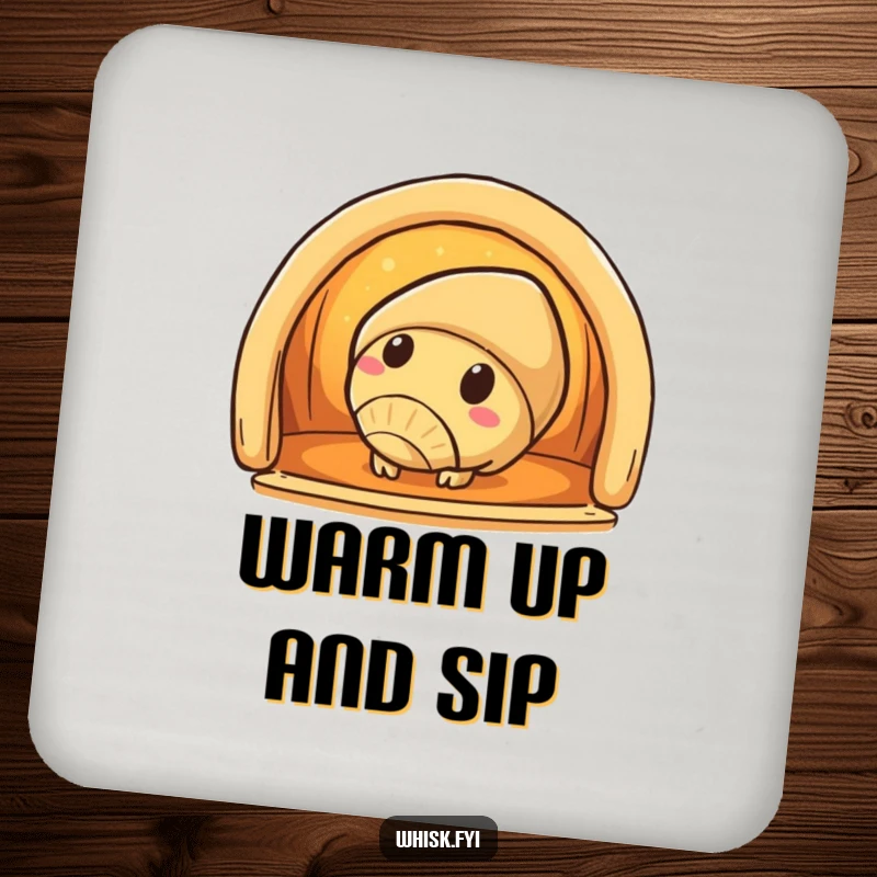 Funny croissant coaster featuring a curious croissant character peeking into a warm oven, protecting surfaces with humor.