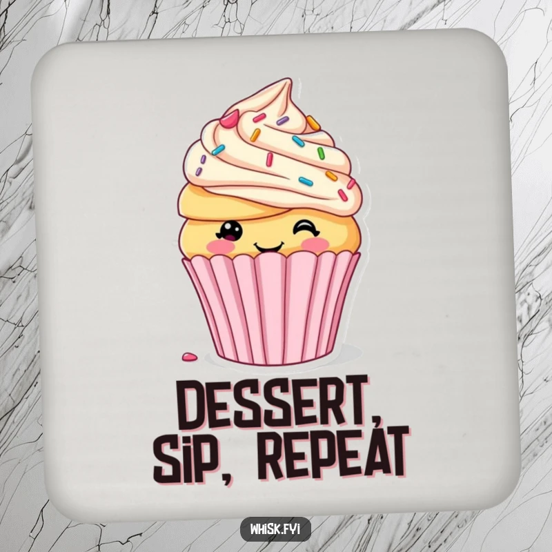 Funny drink coasters depicting a smiling cupcake decorating itself with sprinkles and frosting, adding sweet humor to tabletops.